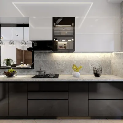 A clean and functional monochrome kitchen. The glossy black lower cabinets contrast beautifully with the white upper cabinets and marble-patterned walls.