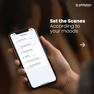My app allows you to set scenes according to your moods. This image shows the "Create Scene" interface, where you can define triggers like time of day, weather changes, or location.