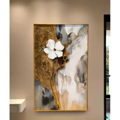 The final look of my abstract floral painting in a client's home. The vertical orientation and gold frame make it a perfect fit for an entryway or a narrow wall, adding a touch of modern luxury.