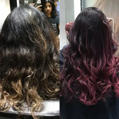 A powerful before-and-after hair color correction. I transformed old, brassy ends into a seamless and vibrant red balayage, giving the hair a completely new and healthy look.