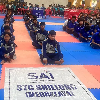 The SAI STC Shillong team seated in formation, ready for a training session. Discipline and respect are the first lessons we practice every single day.