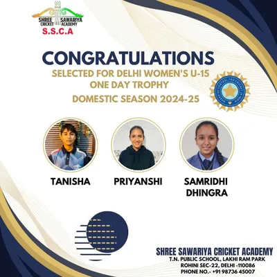 I am incredibly proud to see our girls, Tanisha, Priyanshi, and Samridhi, selected for the Delhi Women's U-15 squad. This is a huge step in their journey and proof of our academy's high-performance coaching for the 2024-25 domestic season.