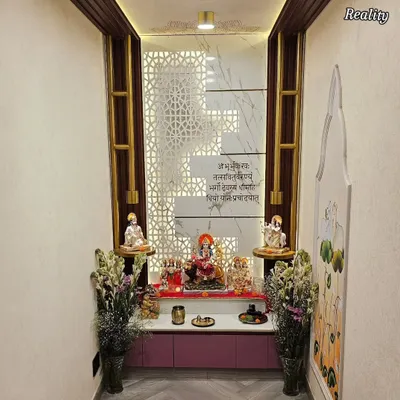 The final, real-life version of this beautiful mandir, complete with fresh flowers. The back-lit CNC cut panel and Gayatri Mantra inscription create a divine ambiance.