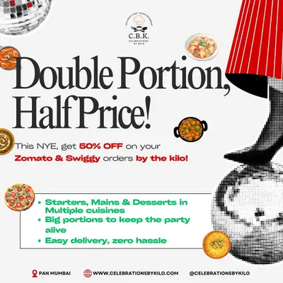 We love making your celebrations more affordable. This graphic announces our New Year's Eve offer, giving 50% off on Zomato and Swiggy orders, so you can get double the portion for half the price.
