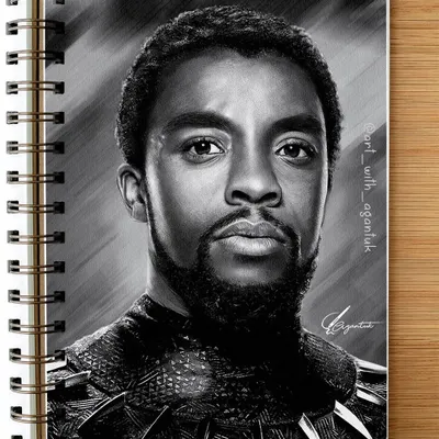My tribute portrait of Chadwick Boseman as Black Panther, presented in a digital sketchbook format. This black and white drawing was created to honor his powerful legacy.