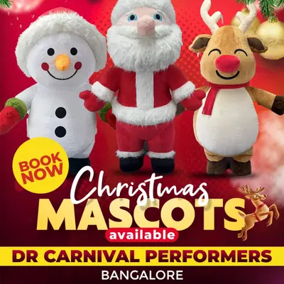 Meet our Christmas Mascots! We have the full set available for booking: a friendly Santa Claus, an adorable Snowman, and a cheerful Reindeer to make your holiday event complete.