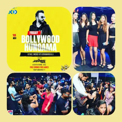 A collage from a "Bollywood Hungama" night, showing the packed dance floor and the amazing energy of the crowd. These nights are all about non-stop dancing and desi beats.