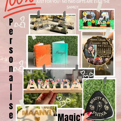 The magic is in the personalization. This collage showcases a variety of my handmade gifts, from nameplates to custom calendars, proving no two gifts are ever the same.