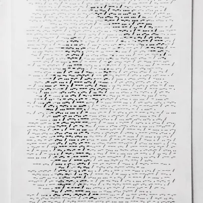 This portrait of Charlie Chaplin is made entirely of Morse code, spelling out his quote: "I always like walking in the rain, so no one can see me crying." It sheds light on the coded ways people often ask for help, inviting viewers to decode the message and reflect on the importance of listening closely.