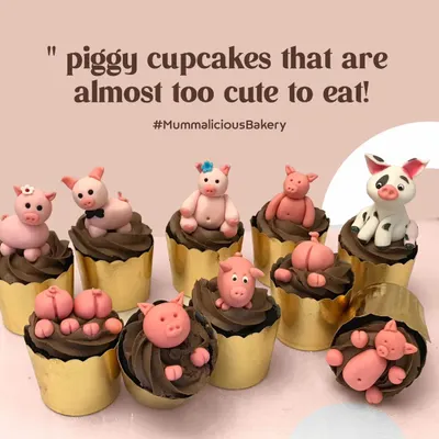 How adorable are these piggy cupcakes? They are almost too cute to eat. These custom-themed cupcakes are perfect for birthdays and special occasions, bringing a smile to everyone's face.