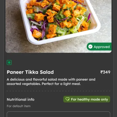 Our Paneer Tikka Salad, as seen on our delivery menu. This salad combines spiced paneer cubes with assorted fresh vegetables for a light yet flavorful meal that's perfect for a healthy lunch.