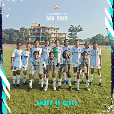 Our Under-15 girls' team posing for a photo during the LTPFS Development Tour in Goa, 2025.