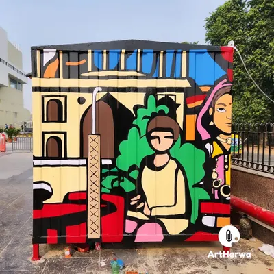 We turned a simple shipping container in Faridabad into a canvas for this colorful mural depicting scenes of Indian life. Public art like this adds character and culture to urban spaces.