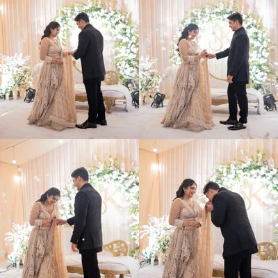 A four-photo story of the ring ceremony, from the groom placing the ring on her finger to him kissing her hand. I document these sequences to tell the full story.