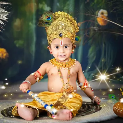 A portrait of a mischievous little Krishna, complete with his flute and a pot of butter. I pay close attention to every detail, from the costume to the props, to create an authentic look.