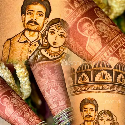 This collage shows a beautiful bridal mehndi featuring a portrait of the bride with her father, a symbol of his constant love and blessings. It’s a deeply emotional piece that I was honored to create.