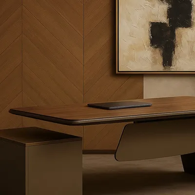 This executive desk is set against a chevron-patterned wood wall, showcasing its clean lines and modern aesthetic. The design features a floating top and a minimalist side cabinet, creating a workspace that is both functional and inspiring.