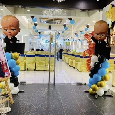 A fun "Boss Baby" themed birthday party entrance. We use character cutouts and themed balloon columns to welcome guests and set the tone for the party right from the door.