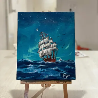 A stunning acrylic painting of a ship on the high seas, created by a participant in one of our open studio sessions. The detail in the waves and sails is incredible.