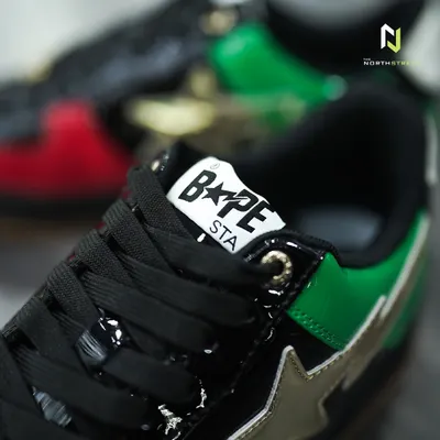 A detailed shot of the Bape Sta Dubai 3rd Anniversary edition. Notice the quality of the patent leather and the clean branding on the tongue, key details I examine during a legit check for high-end streetwear sneakers.