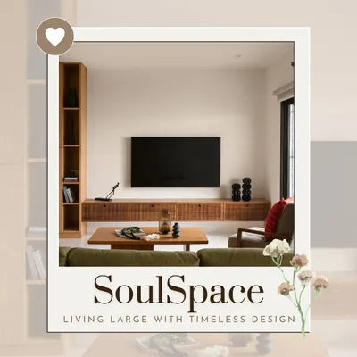 This graphic encapsulates our 'SoulSpace' concept for a living room. It highlights the clean lines, warm wood tones, and comfortable furnishings that create a timeless and welcoming family space.