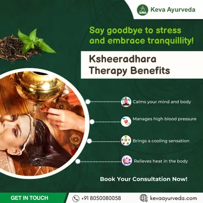 Experience deep tranquility with Ksheeradhara therapy. This treatment, involving a gentle stream of medicated milk over the forehead, calms the mind and body, helps manage high blood pressure, and provides a profound cooling sensation.