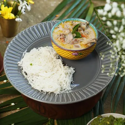 On a groovy, rainy day, there's nothing better than this. A peppery, sand-toned Nasrani Stew served with delicate Idiyappam (string hoppers). It's a heart-warming combination of flavors that is pure comfort.