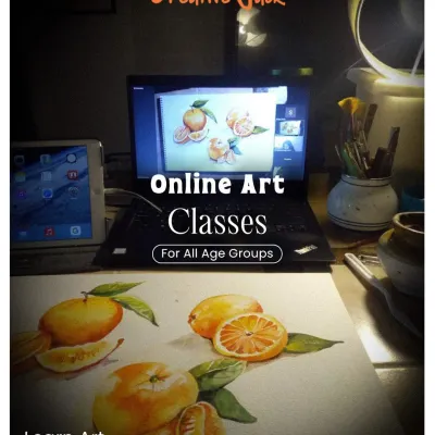 An image of a cozy home setup for an online art class, with a laptop, tablet, and art supplies ready to go. You can learn art from anywhere.