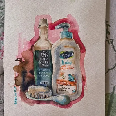 When you are surrounded by baby products, you end up sketching them. This watercolor still life of coconut oil and baby lotion was painted during my baby's nap time, a reflection of my new life as a mother.