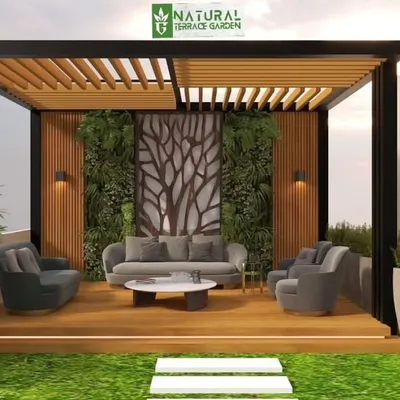 A 3D design proposal showcasing a cozy seating area under a modern pergola. The design incorporates a raised wooden deck, a vertical garden for a touch of green, and strategic lighting, allowing clients to visualize the final ambiance before we begin building.