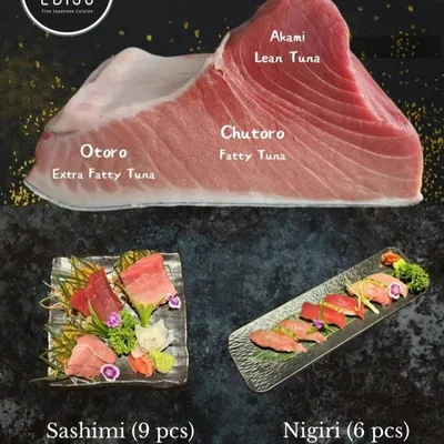 We are proud to serve tuna imported directly from Japan. This guide shows the different cuts we offer: Akami (lean tuna), Chutoro (fatty tuna), and Otoro (extra fatty tuna), available as both sashimi and nigiri.