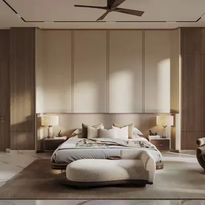 This bedroom render captures a moment of calm, with soft sunlight casting shadows across the room. We focused on the clean lines, the contrast between the wood paneling and the plush bedding, and the overall feeling of modern serenity.