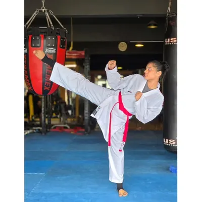 A powerful side-kick demonstration by one of our dedicated students. Perfect form and technique are at the core of our Shito-Ryu karate training.