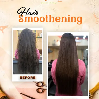 This before and after of a hair smoothening treatment shows just what's possible in one salon visit. We took her hair from frizzy and wavy to perfectly sleek and straight.