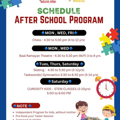 The complete after-school program schedule for our Pitampura center at The Chalk House, detailing timings for Chess, Theatre, Skating, and STEM classes.