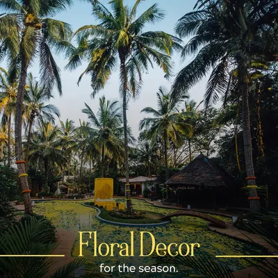 Our poolside area transformed with floral decor for a festive event. The vibrant yellow flowers floating on the water create a stunning visual for a daytime celebration like a Haldi ceremony.