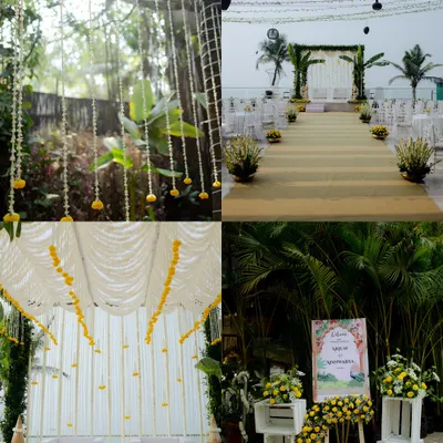 A collage showcasing the beautiful and elegant decor of a beachside wedding. From the floral arrangements to the mandap, every detail was thoughtfully designed for a serene ambiance.