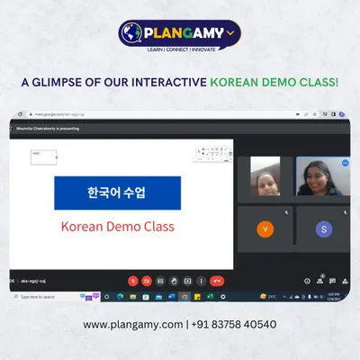 A glimpse into our interactive Korean demo class. Here, our instructor introduces the topic for the session in a clear, welcoming format.