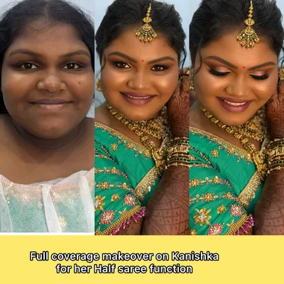 A full coverage makeover for Kanishka's half-saree function. This before and after shows a complete transformation, giving her a radiant and festive look perfect for her special day.