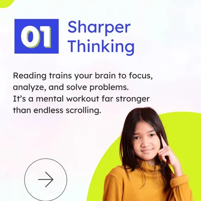 The first benefit of reading: Sharper Thinking. Reading is a powerful mental workout that trains the brain to focus, analyze, and solve problems, making it a far more enriching activity than endless scrolling.