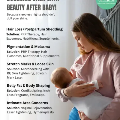 Motherhood is a beautiful journey, and I am here to help you bounce back with confidence. I offer targeted solutions for postpartum concerns like hair shedding, pigmentation, stretch marks, and body shaping.
