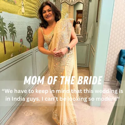 The elegant mother of the bride. We found a beautiful golden saree that felt modern yet appropriate for an Indian wedding, making sure she felt comfortable and looked absolutely graceful.