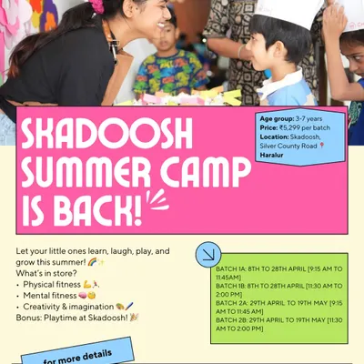 Our summer camp is back. We've planned batches filled with activities that boost physical fitness, mental sharpness, and pure imagination. Plus, every camper gets bonus playtime at Skadoosh.