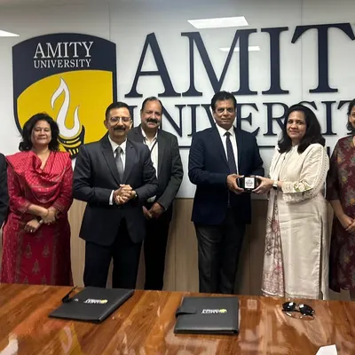 The delegation from Amity University and KIO after signing the historic MOU. This collaboration opens up online degree programs with scholarships for our athletes.