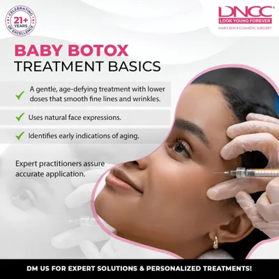 This graphic explains the basics of Baby Botox. It's a gentle, age-defying treatment that uses smaller doses of neurotoxin to smooth fine lines and wrinkles while allowing for natural facial expressions, making it an excellent preventative measure.