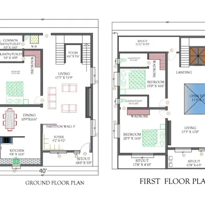 A 2D floor plan for a 40x50 plot, showing the ground and first-floor layouts. This technical drawing details room dimensions, furniture placement, and circulation for efficient space management.