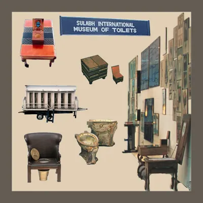 A collage of exhibits from the Sulabh International Museum of Toilets. This unique museum offers a fascinating and important history of sanitation and social reform, from ancient commodes to modern eco-friendly toilets.