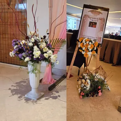 A look at some of the smaller decor elements I provide. This includes elegant floral arrangements in large vases and custom welcome easels for events like baby showers or engagements.