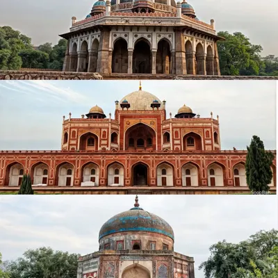 A collage showcasing the stunning architecture of the Humayun's Tomb complex, including the main mausoleum and Isa Khan's tomb. This UNESCO World Heritage site is a cornerstone of our Mughal history walks.