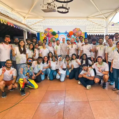 A great group shot after the Holi celebration I hosted for Amazon Music. It was a day filled with color, music, and fun team-building games.